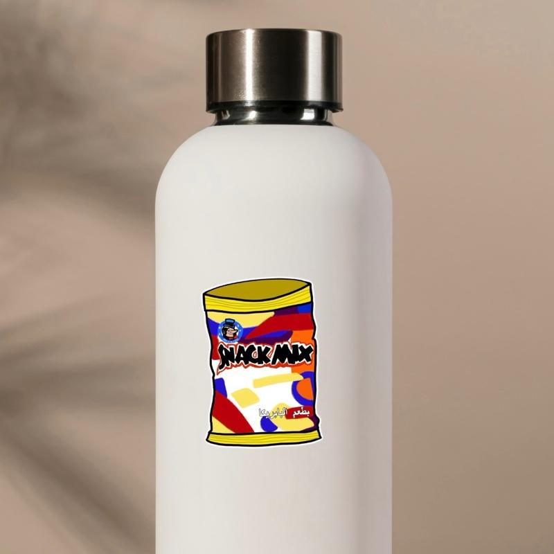 White water bottle with a colorful 'Snack Mix' label on a beige background