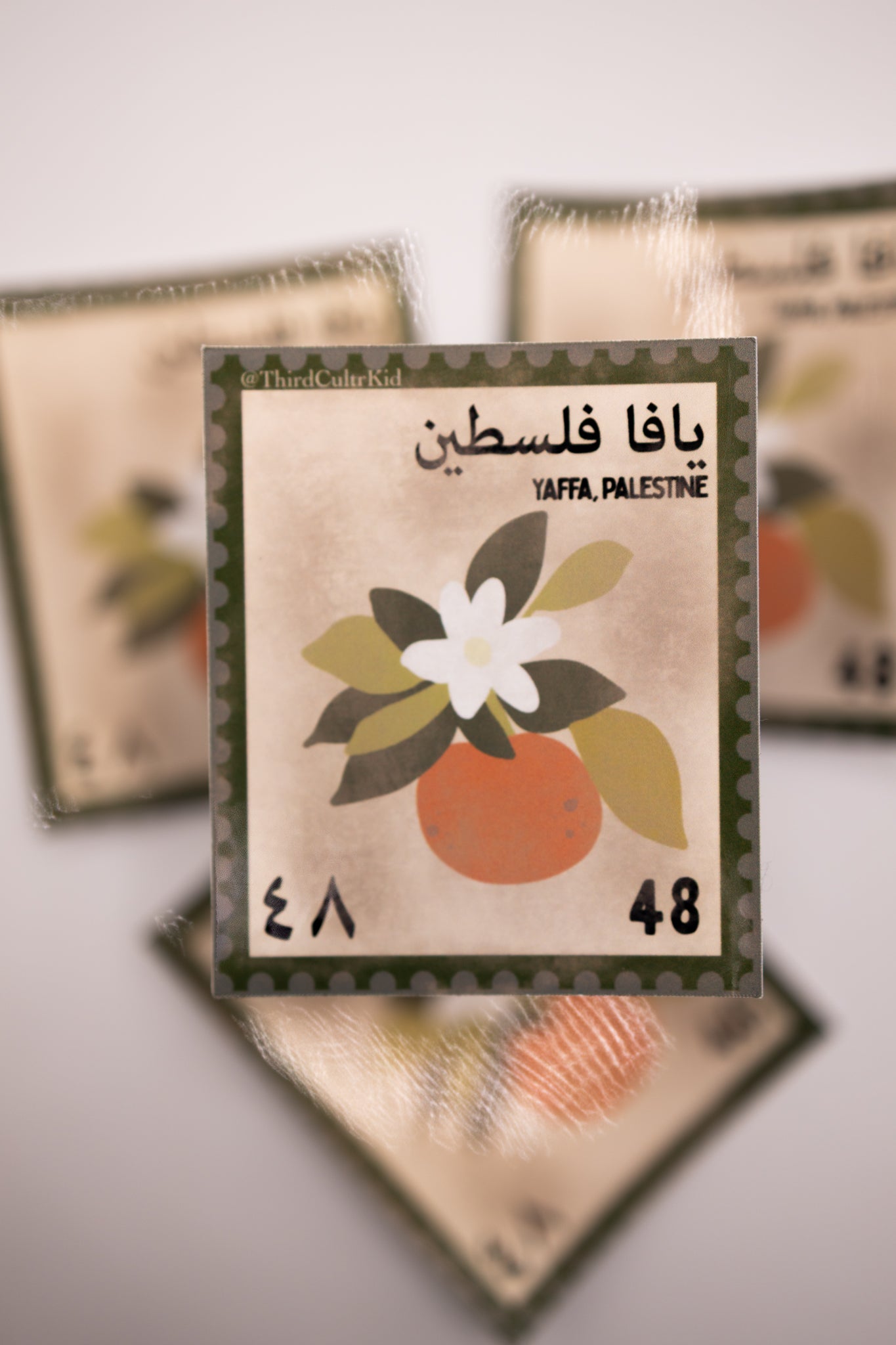 Vintage-style packaging with an orange and Arabic text on a light background