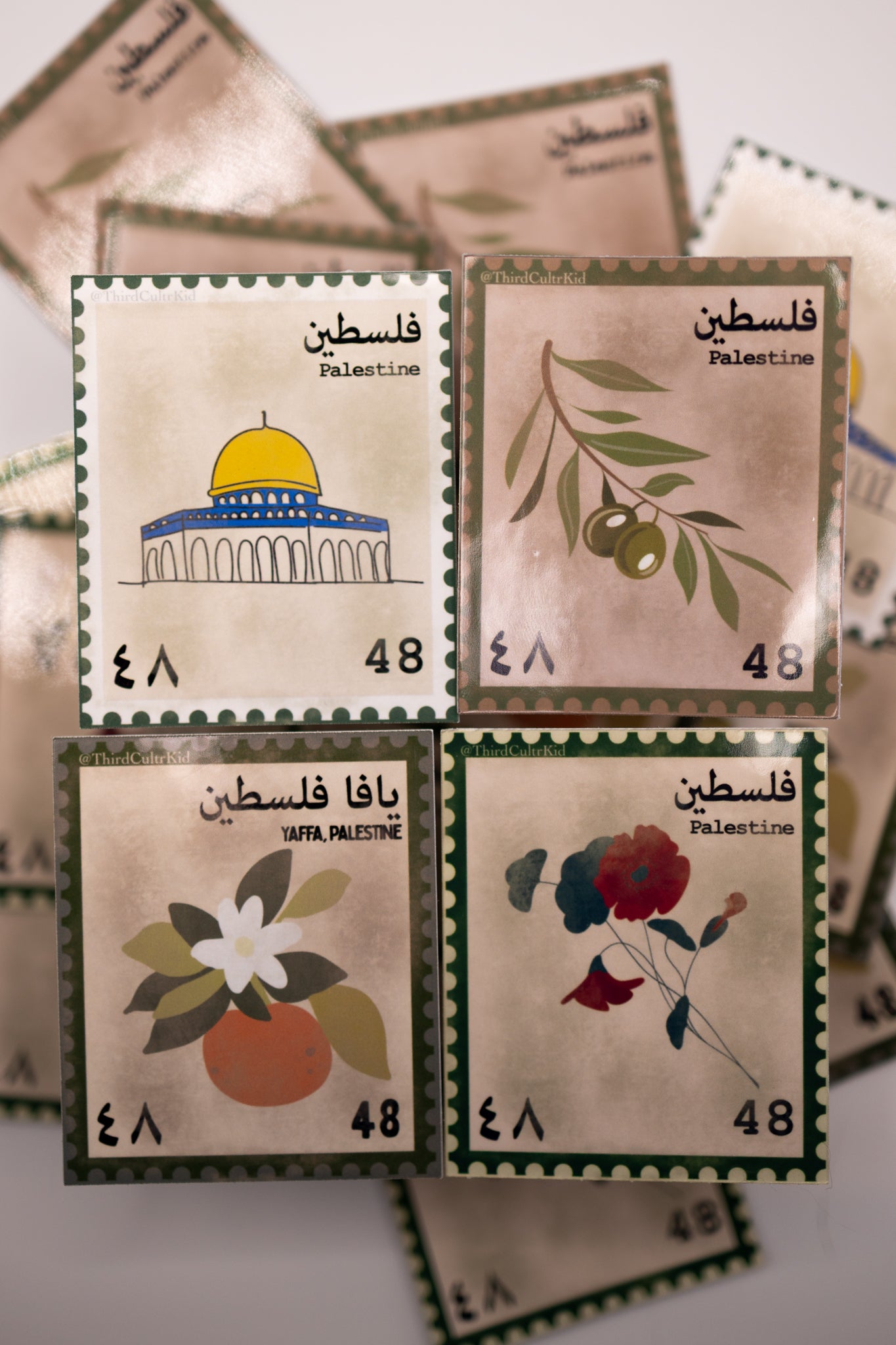 Set of postage stamps with Palestinian symbols on a light background