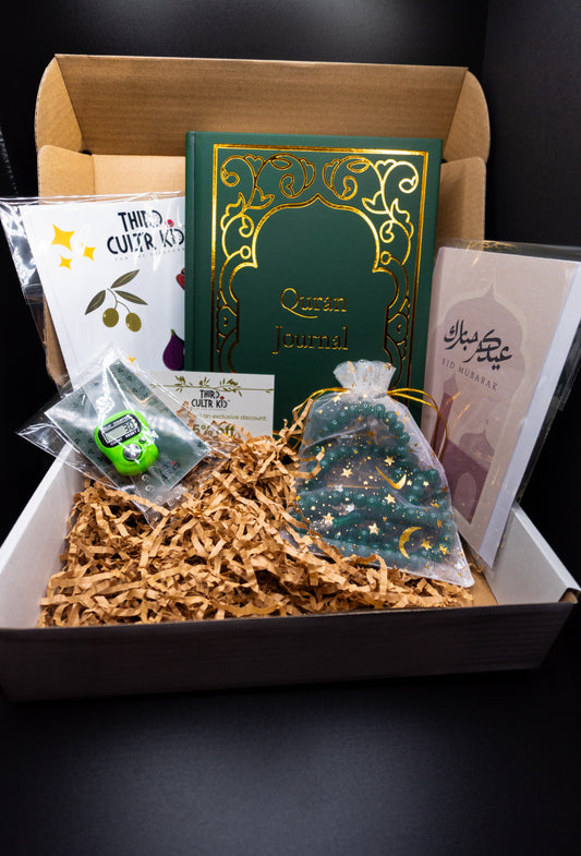 A gift box of $75 value for only $49 for Ramadan or Eid that has a Quran journal, tasbeeh, dikhr beads, electronic tasbih, pen, stickers, greeting card,