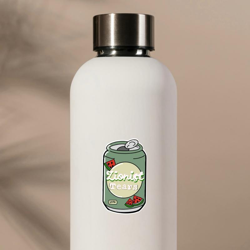 White water bottle with a green label featuring a can and text on a beige background