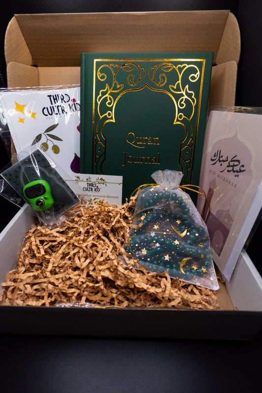 A gift box of $75 value for only $49 for Ramadan or Eid that has a Quran journal, tasbeeh, dikhr beads, electronic tasbih, pen, stickers, greeting card, 