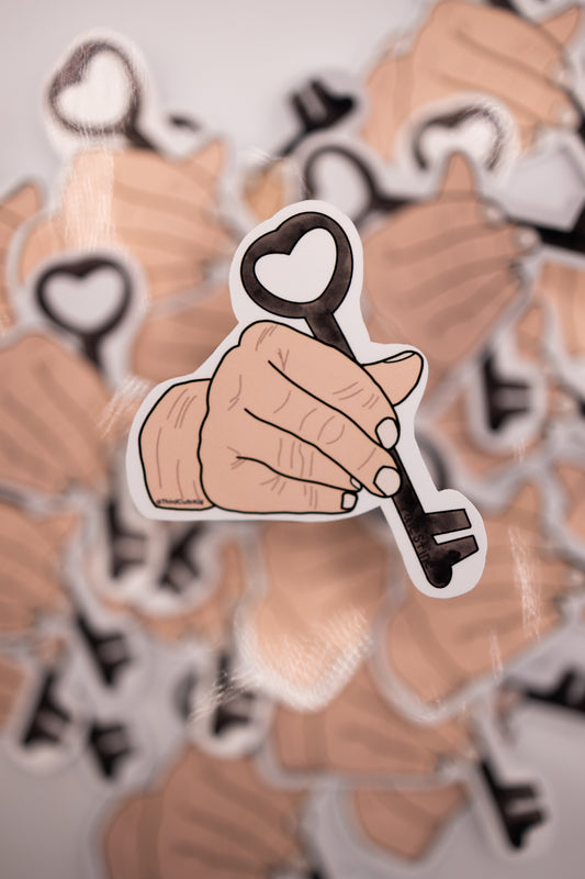 Sticker of a hand holding a key of return with palestine engraved 
