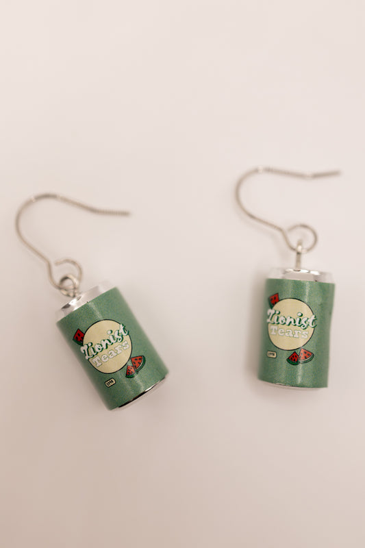Earrings resembling a can with 'Third Cultr Kid' branding 