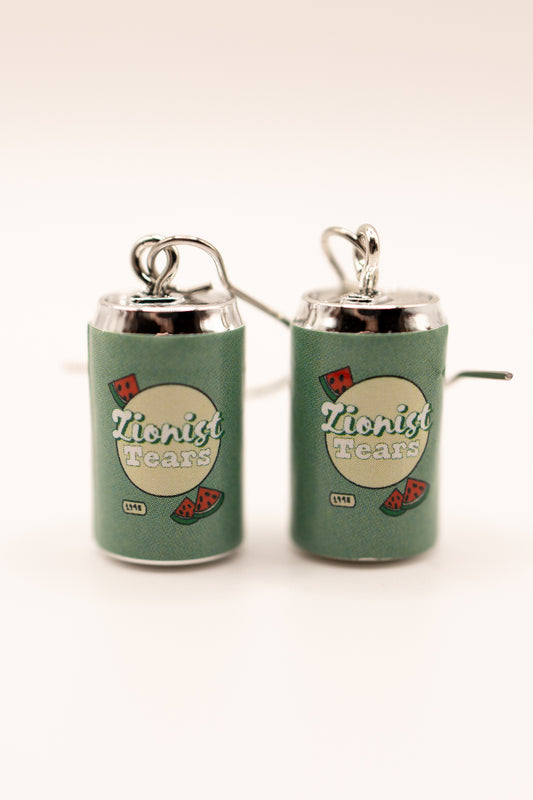 Earrings resembling a can with 'Third Cultr Kid' branding