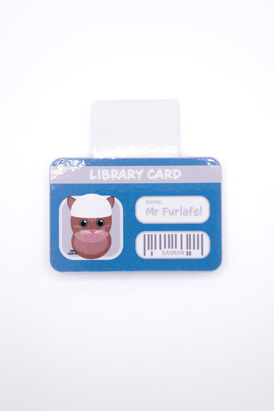 Library card with a cat illustration on a white background