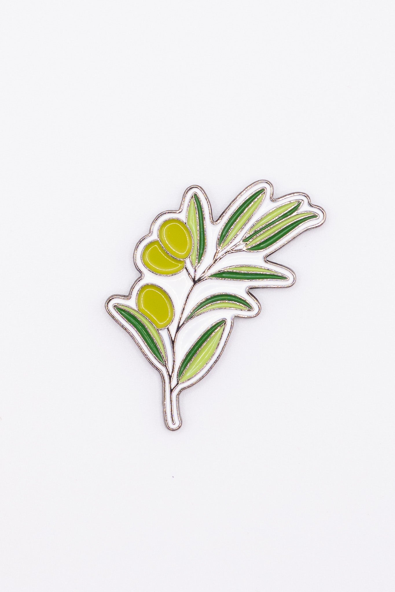 Enamel sticker of a Palestinian olive branch with green leaves and olives on a white background