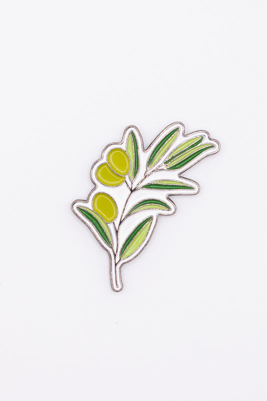 Enamel sticker of a Palestinian olive branch with green leaves and olives on a white background