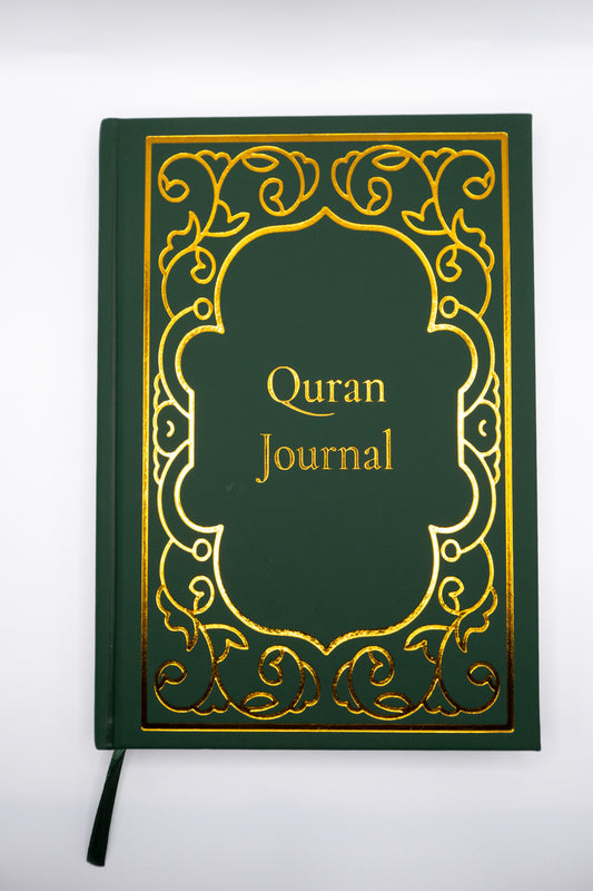 Green Quran journal with gold decorative elements on a white background