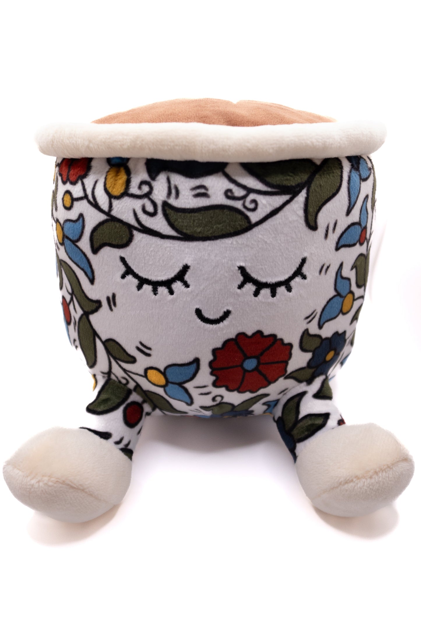 Plush finjan Qahwah cup with floral Khalili Palestine pattern and face on a white background